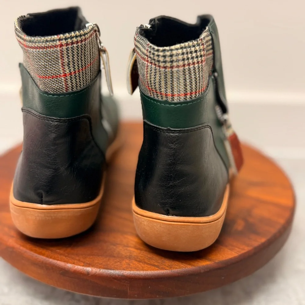 Green Black‎ Plaid Trim Faux Leather Ankle Boots Flat Side Zip Booties